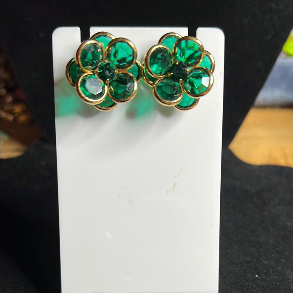 Monet Green and Gold Clover Earrings